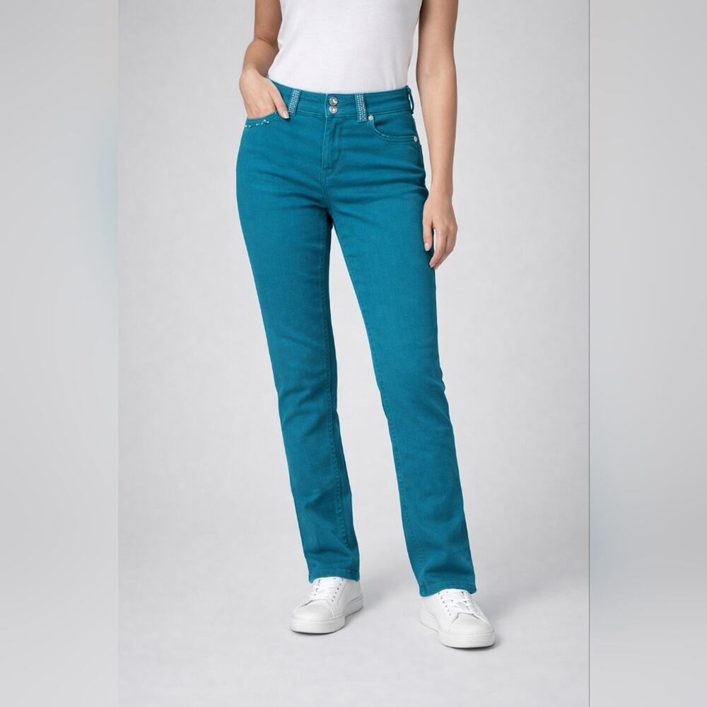 Lulu Luv Girls Teal Bling Jeans Size 12 Rhinestone Button Straight Leg #1909